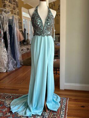 NWT Colette by Mon Cheri Aqua Beaded Prom Gown Style 8065CL - Size 4
